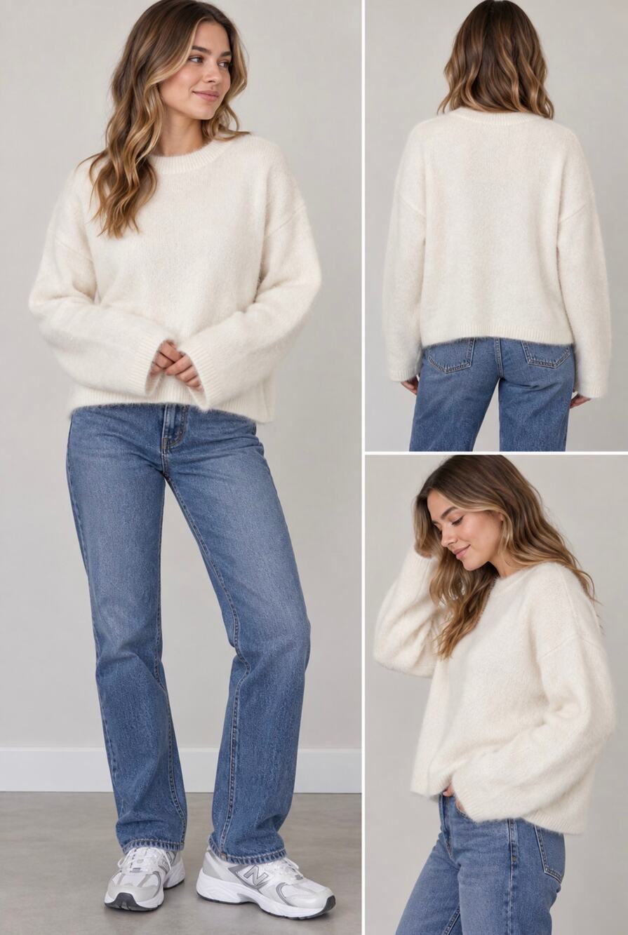 H&M Edition Women’s Large Ivory Fuzzy Crewneck Oversized Sweater Pullover